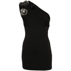 Balmain One-Shoulder Black Mini Dress With Crystal Floral Appliqué - NWT